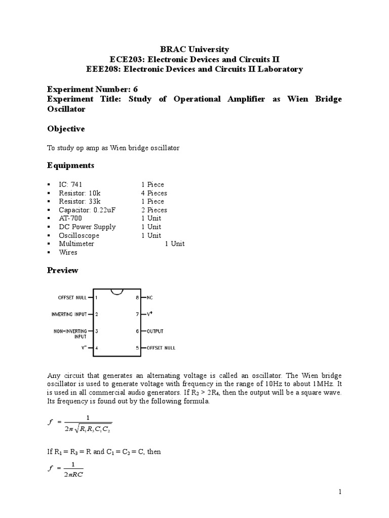 Wien Bridge Oscillator Experiment Guide | PDF