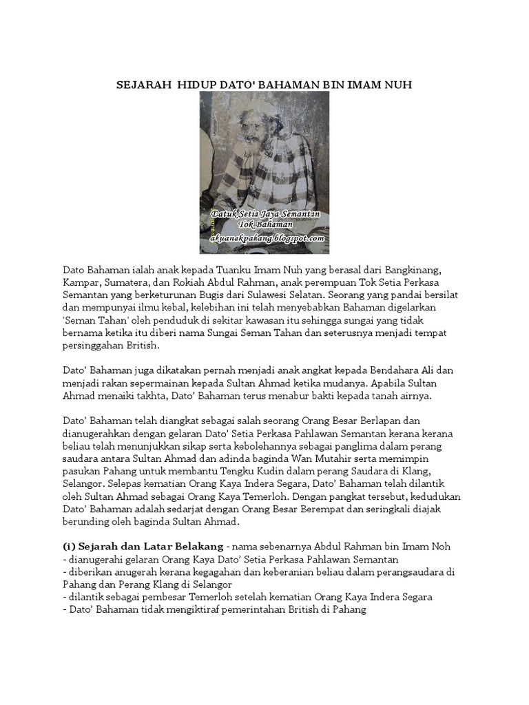 Sejarah Hidup Dato Bahaman Bin Imam Nuh Pdf