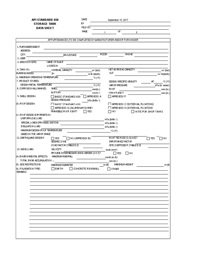 Storage Tank Data Sheet Providing Technical Specifications for ...