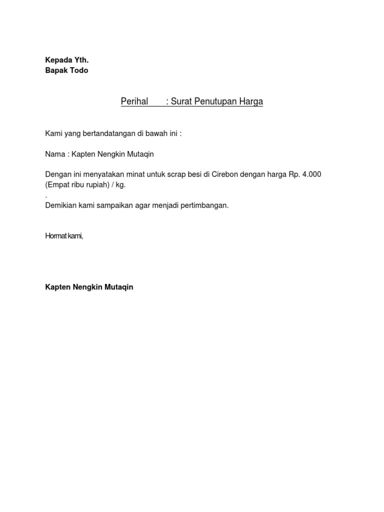 Surat Penutupan Harga