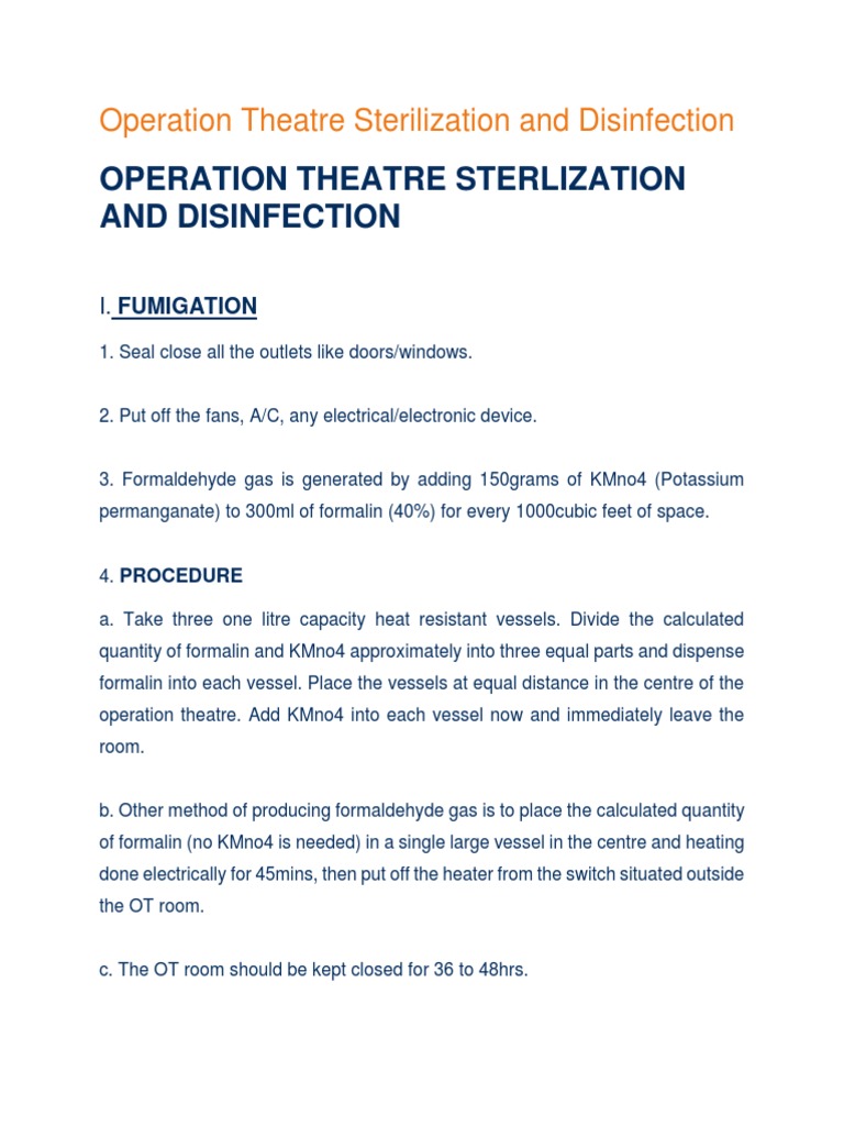 Operation Theatre Sterilization and Disinfection PDF Disinfectant