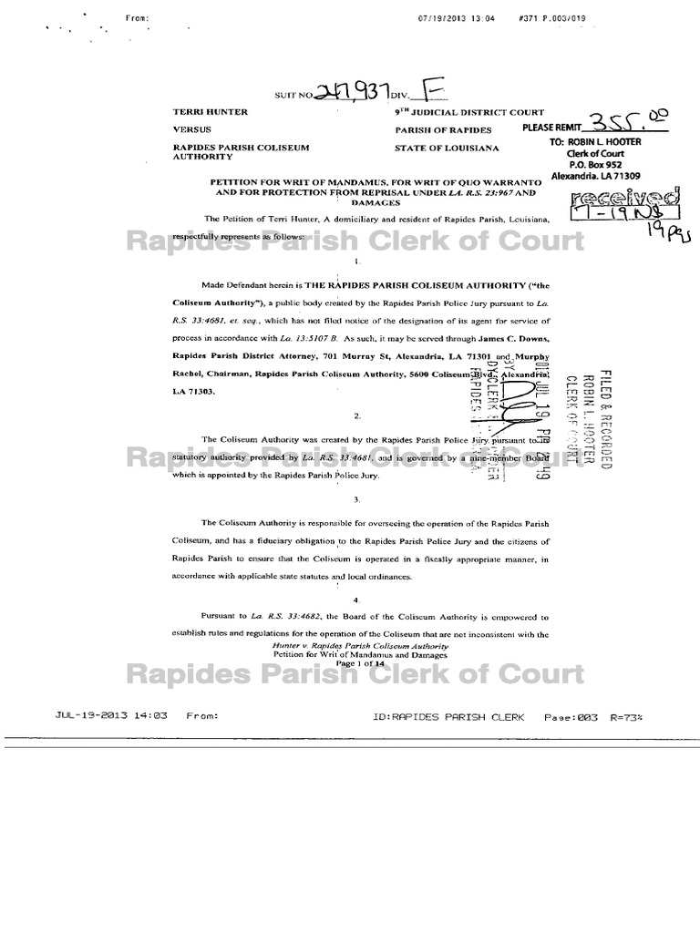Terri Hunter Vs Rapides Parish Coliseum Authority | PDF