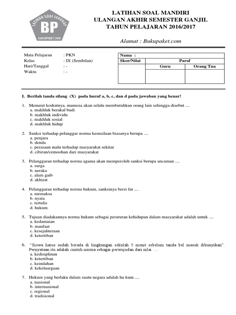 Latihan Soal Uas Pkn Kelas 9 Semester Ganjil