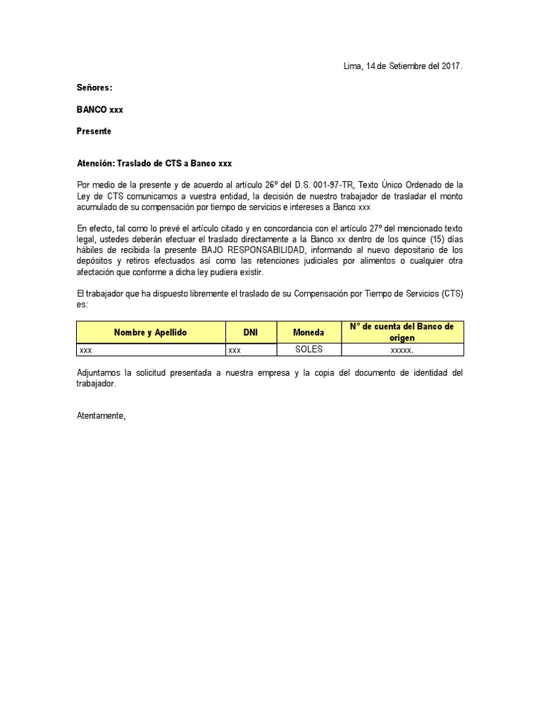 Modelo Carta de Traslado Cts