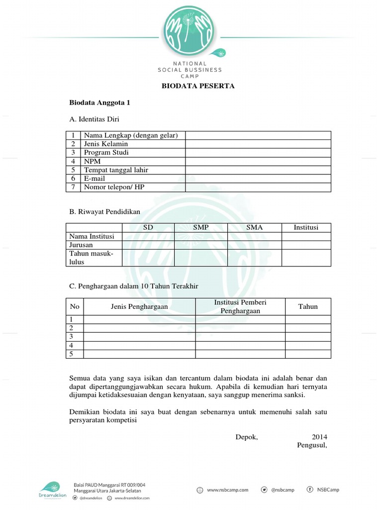 Format Biodata Diri Peserta