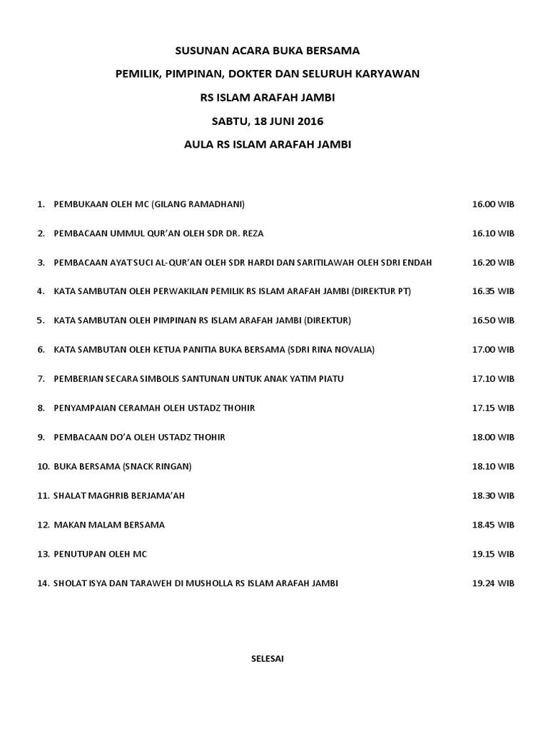 Susunan Acara Buka Bersama Juni 2016