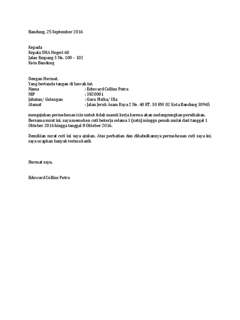Contoh Surat Cuti Menikah Untuk Guru