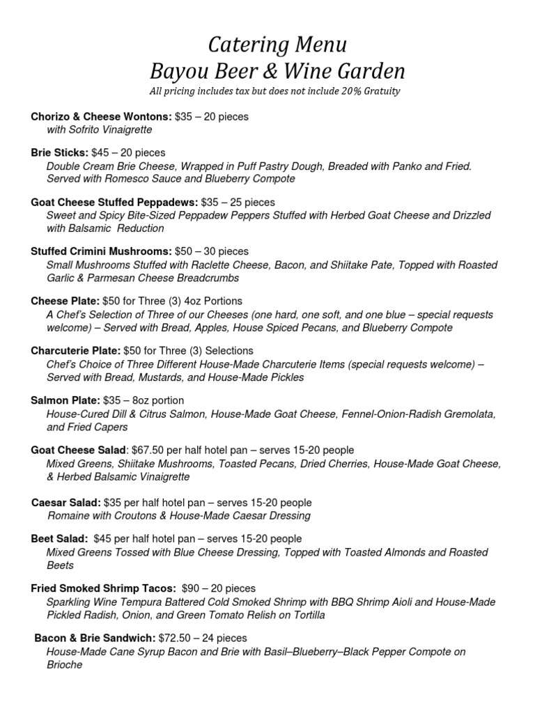 Catering Menu Bayou Beer & Wine Garden PDF Pickling Salad