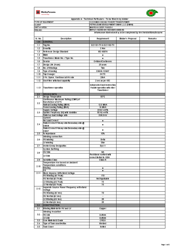12516MVAPowerTransformerDatasheet.pdf Transformer Insulator
