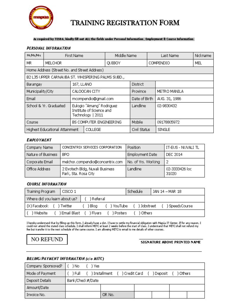 MITC Training Registration Form | PDF | Service Industries | Payments