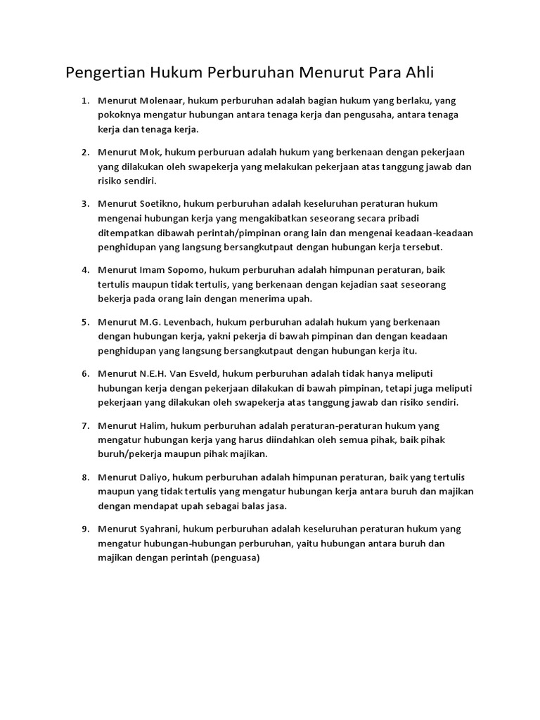 Pengertian Hukum Perburuhan Menurut Para Ahli Pdf