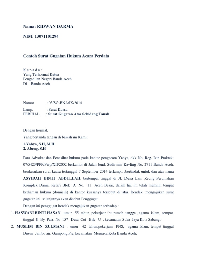 Contoh Surat Gugatan Perdata Pdf Nusagates