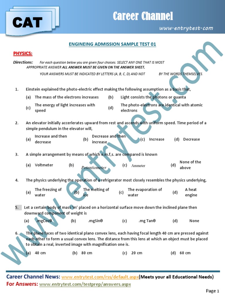 Engineering Admission Sample Test 01 | PDF | Chemical Reactions | Solution