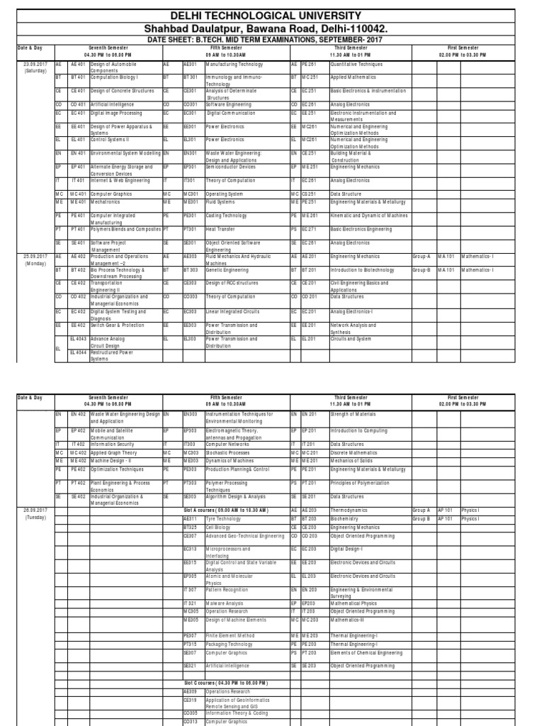 DTU Mid Sem 2017 Date Sheet | PDF | Machines | Engineering