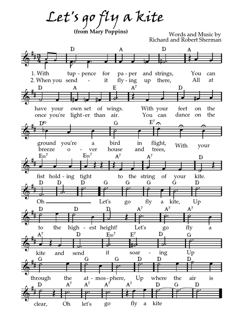 Let's Go Fly a Kite Vocal Lead Sheet Hobbies Leisure Free 30day