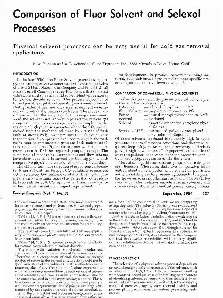Fluor vs. Selexol: Solvent Process Comparison | PDF | Natural Gas ...
