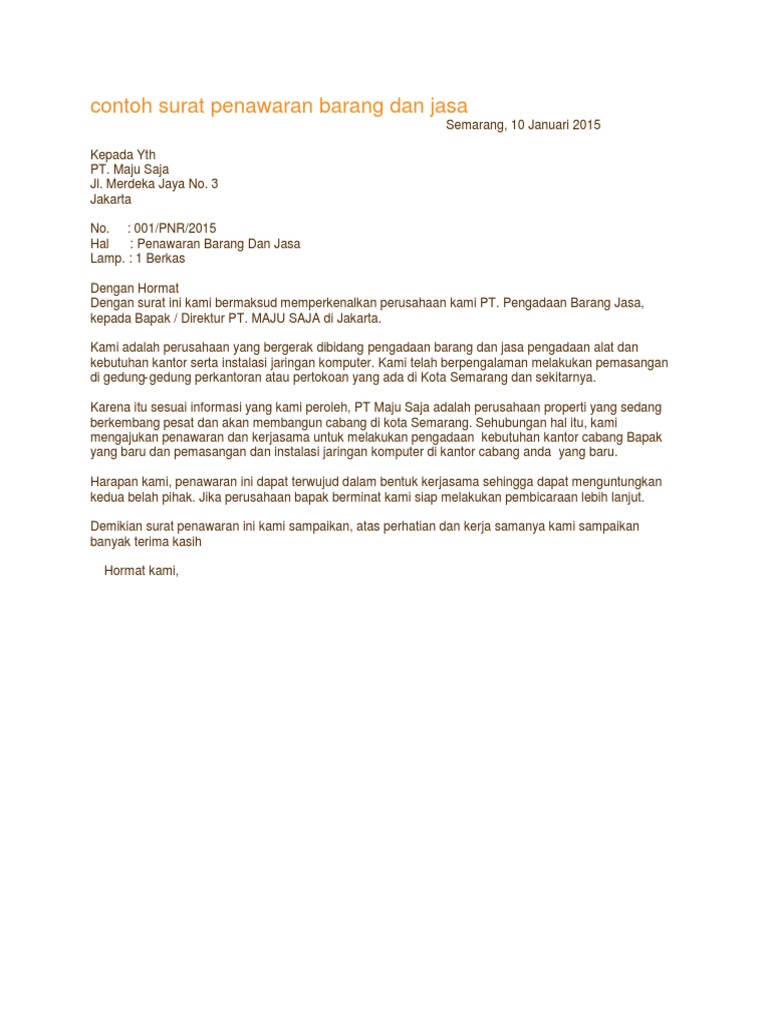 Contoh Surat Penawaran Barang Dan Jasa