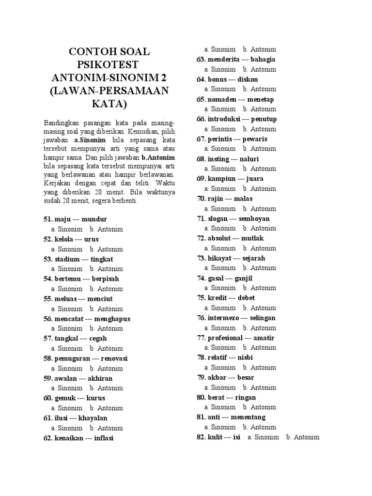 Contoh Soal Psikotes Sinonim Antonim 2 Pdf