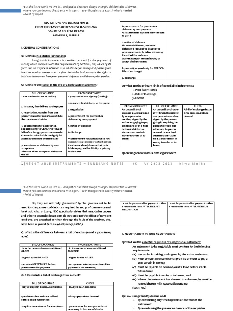 The Stages of a Negotiable Instrument and the Requirements for