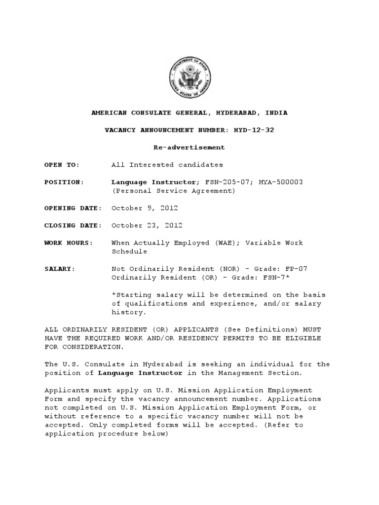 Vacancy Announcement-Language Instructor-Re Advertisement - Oct 23 2012 ...