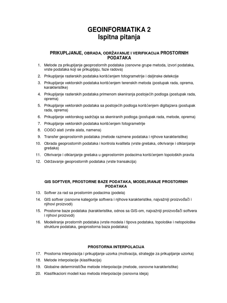 Geoinformatika 2 Ispitna Pitanja PDF | PDF