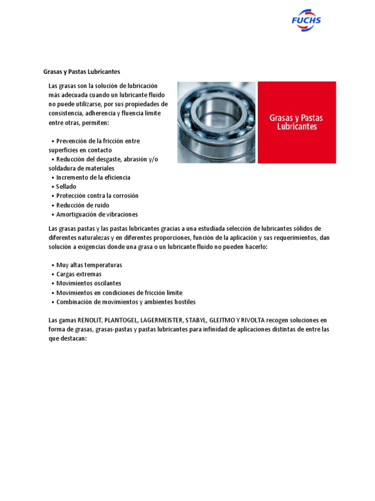 Grasas y Pastas Lubricantes Fuchs | PDF | Lubricante | Engranaje