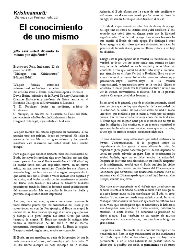 Krishnamurti - El Conocimiento de Uno Mismo | PDF | Gautama Buddha | Verdad