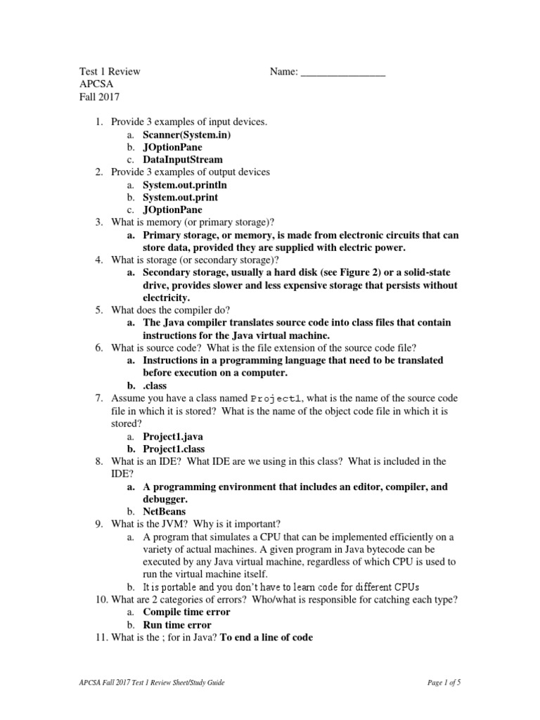 APCSA Fall 2017 Test 1 Review Guide Study Sheet Computer Data Storage
