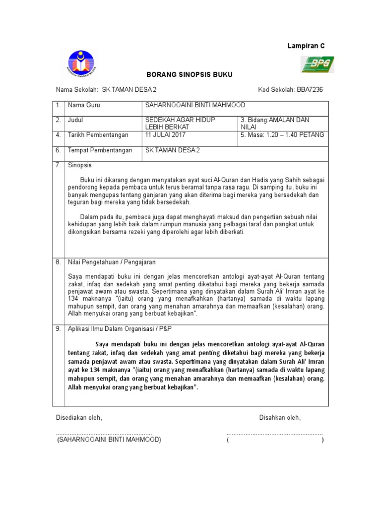 Contoh Borang Sinopsis Buku Ladap
