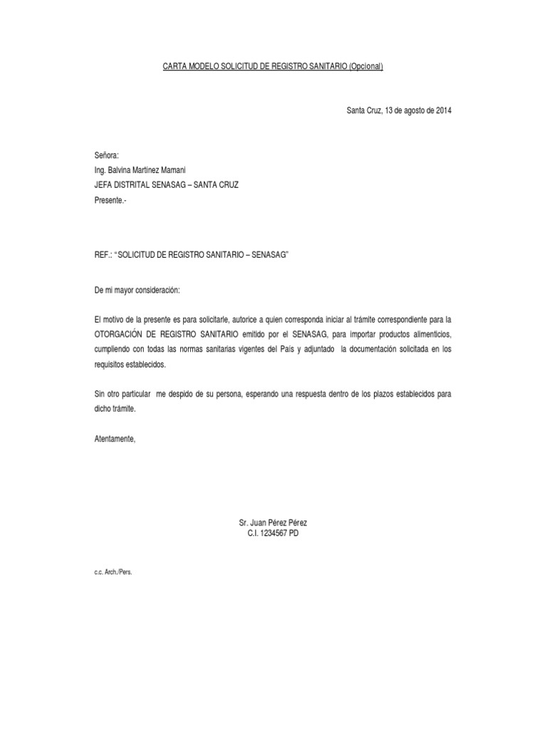 Modelos de Cartas Para Registro Sanitario