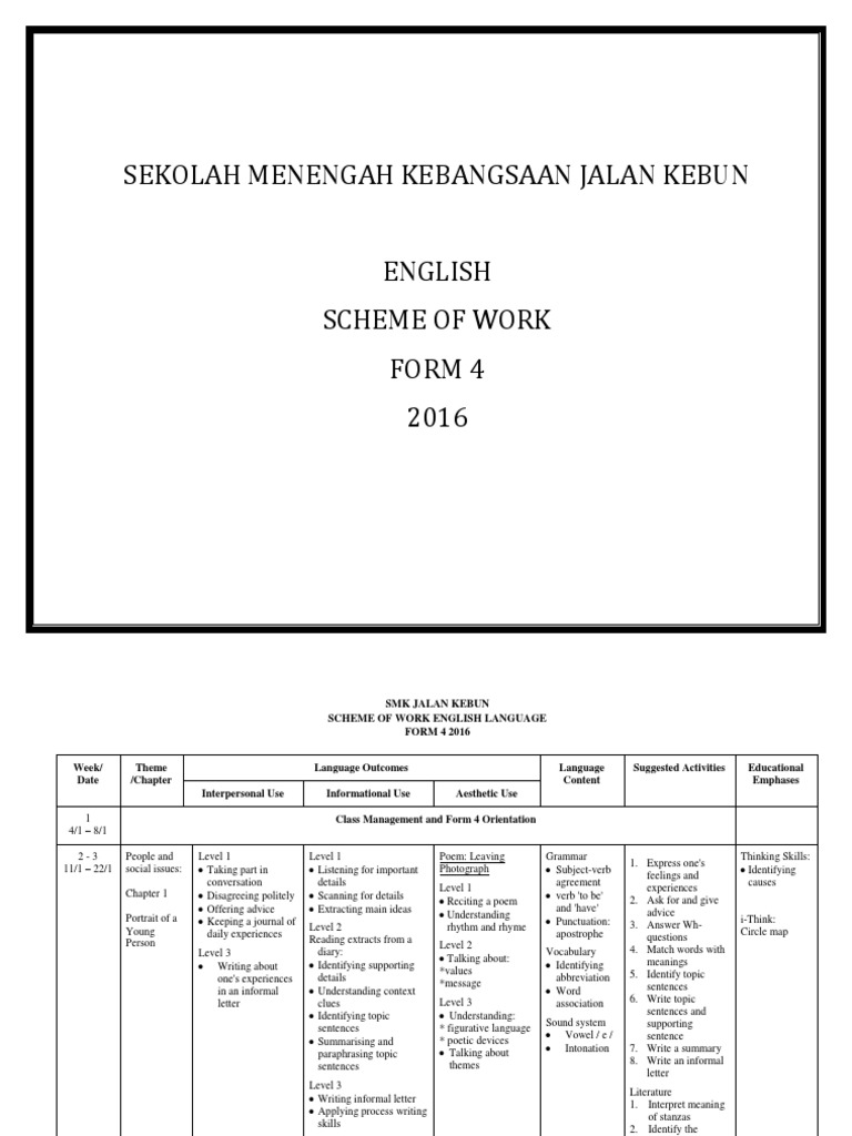 English Scheme of Work Form 4 2016 | PDF | Poetry | Question