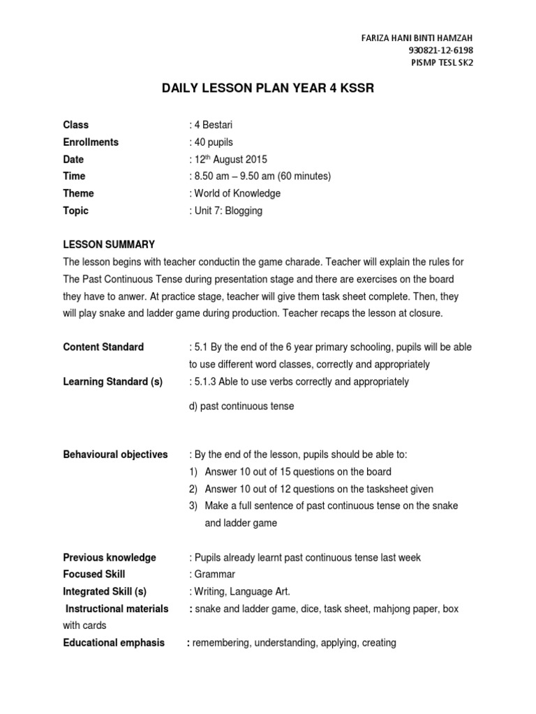 Daily Lesson Plan Year 4 KSSR | PDF | Lesson Plan | Human Communication
