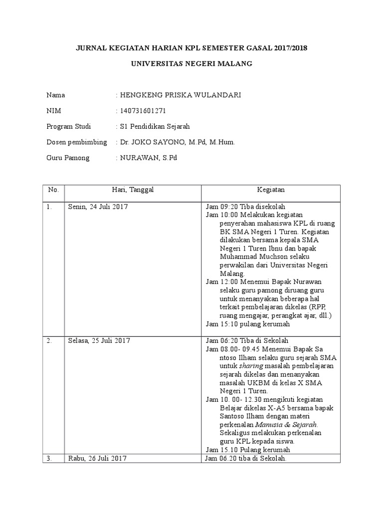 Contoh Jurnal Harian Bk Sma Jurnal ER