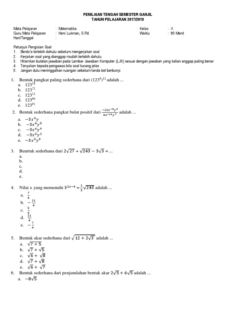 Soal Pts Sma Matematika Peminatan Pdf