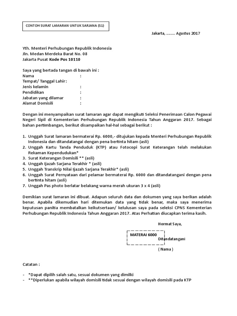 Format Surat Lamaran S1