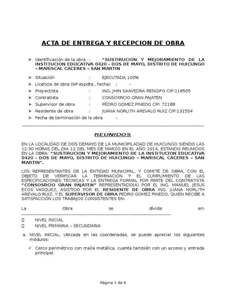 Acta de Entrega y Recepcion de Obra 2017 Business Ingeniería