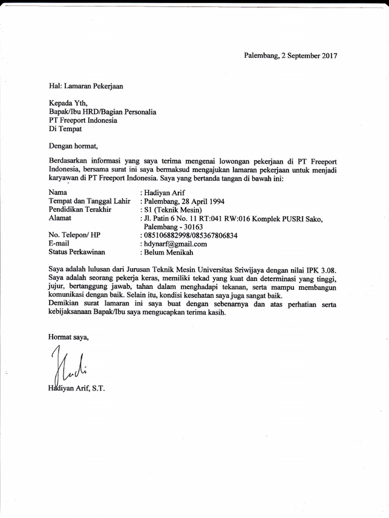 Surat Lamaran Kerja Pt Freeport Indonesia 