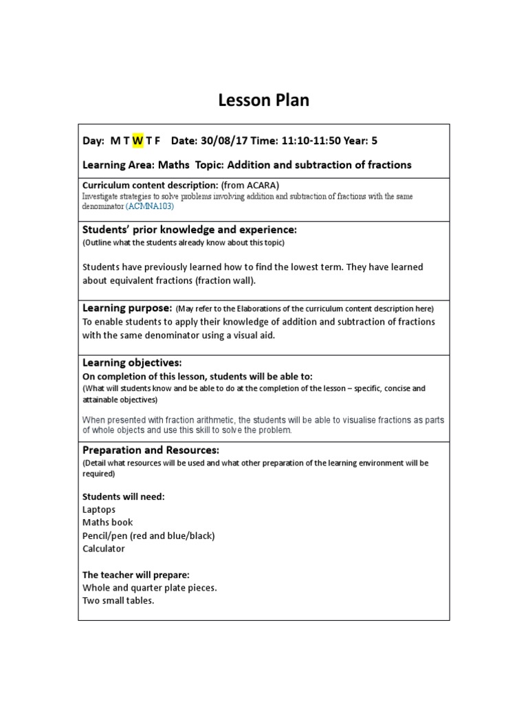 Fractions Robot Lesson Plan for Grade 5 | PDF | Fraction (Mathematics ...
