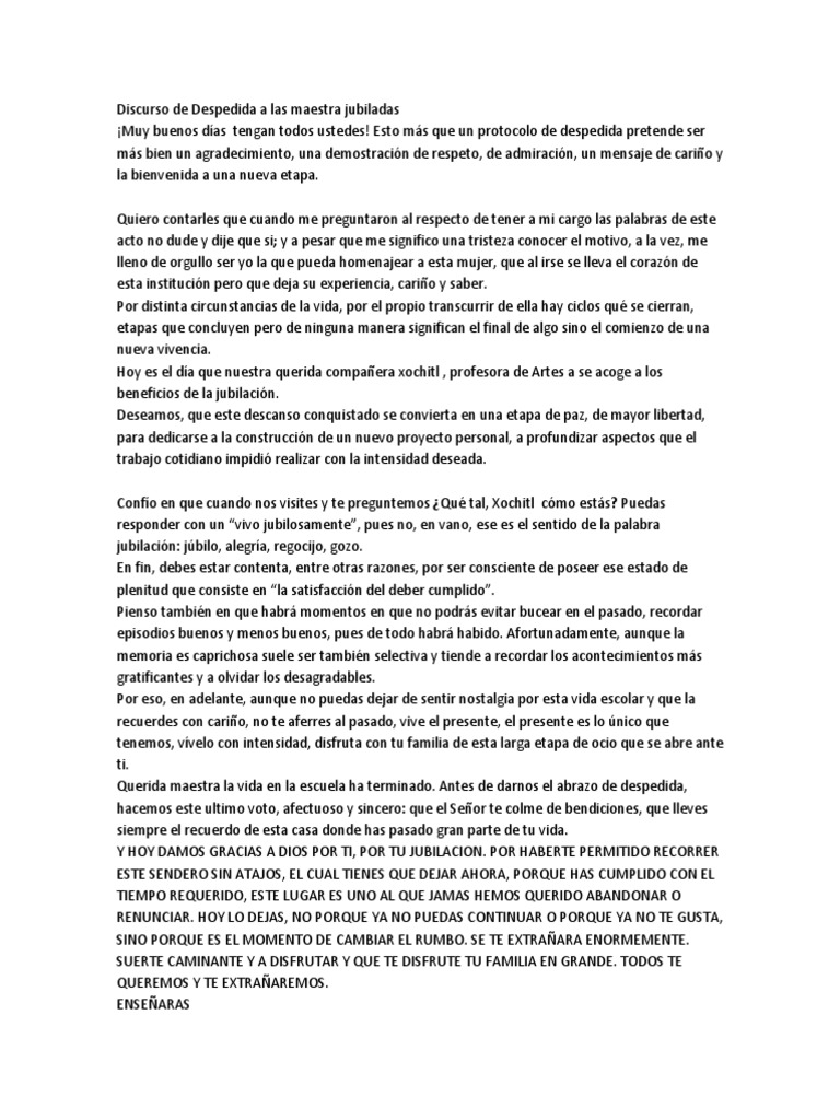 Discurso de Despedida a Las Maestra Jubiladas