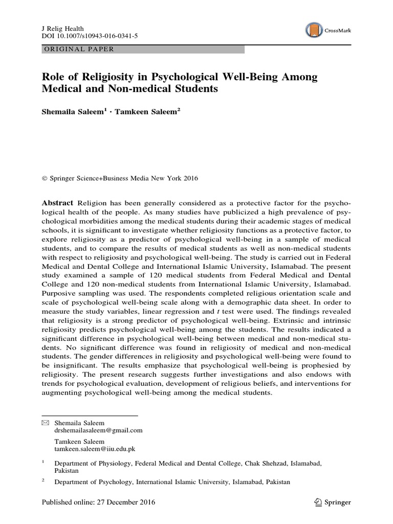 Role of Religiosity and Psychological Well Being | PDF | Psychology ...