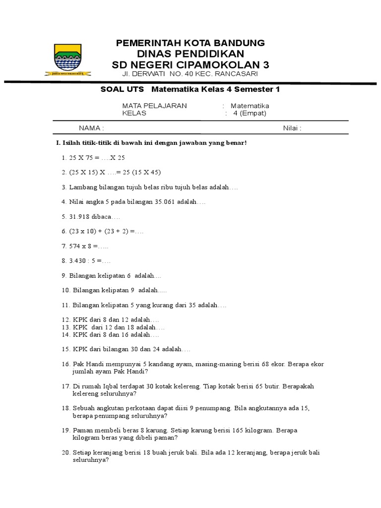 Soal Uts Matematika Kelas 4 Semester 1 Pdf