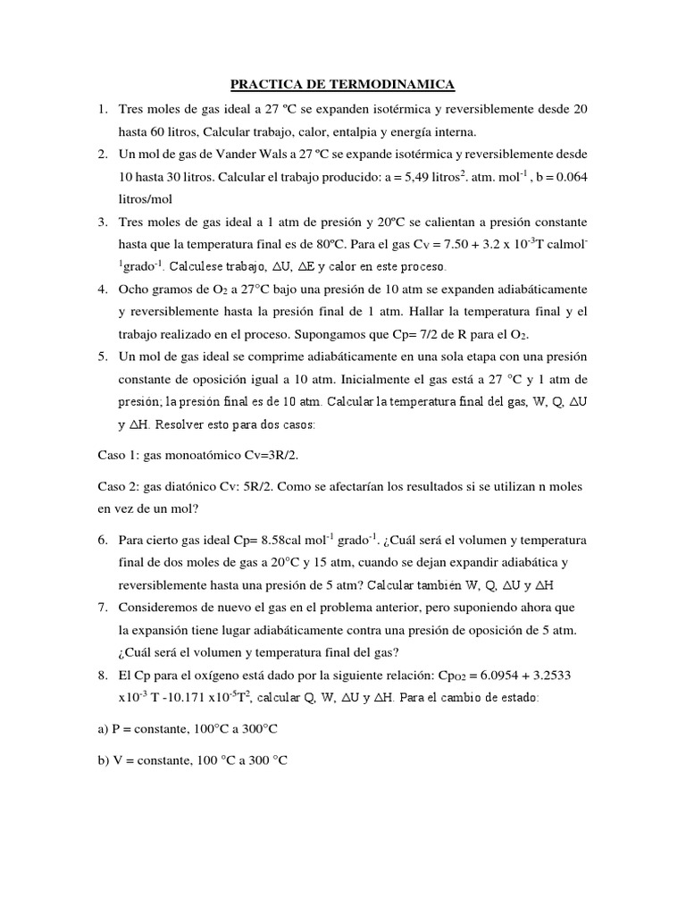 Ejercicios de Termodinámica de Gases Ideales | PDF | Gases | Fases de ...