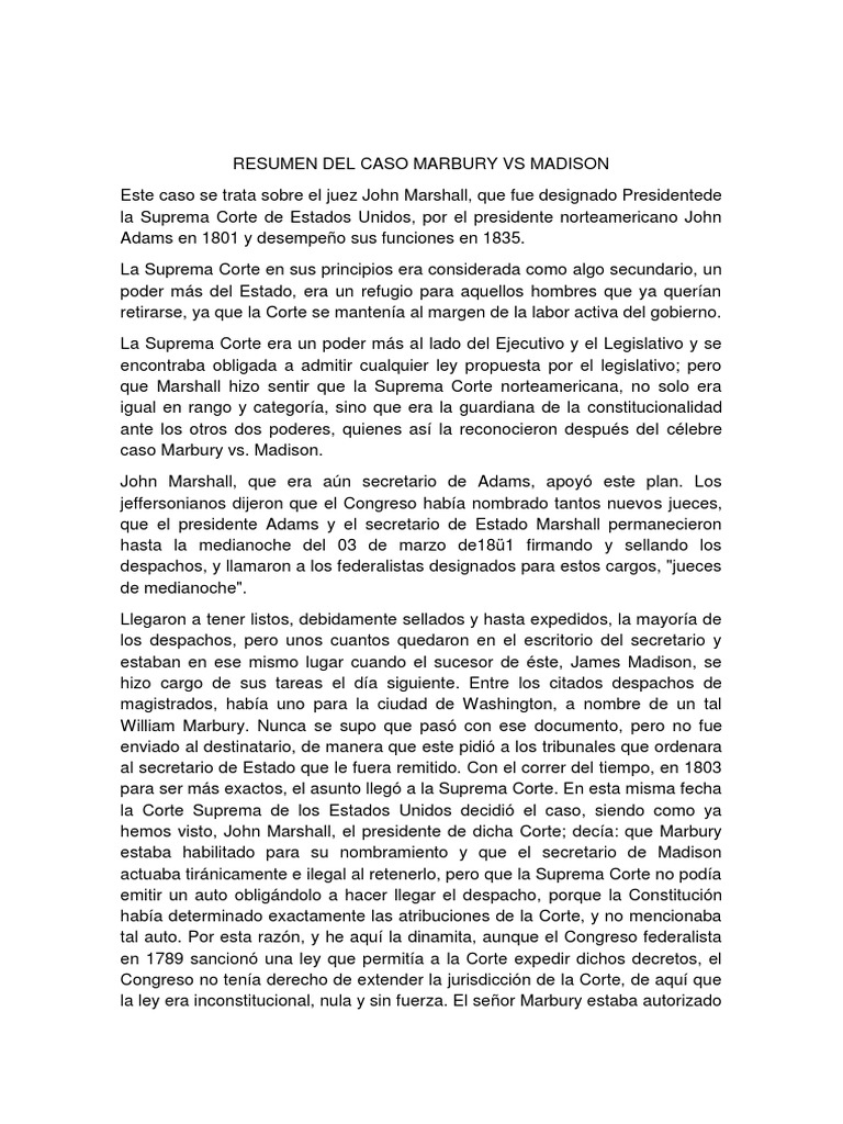 Análisis del caso Marbury vs Madison | PDF | James Madison | Tribunal ...