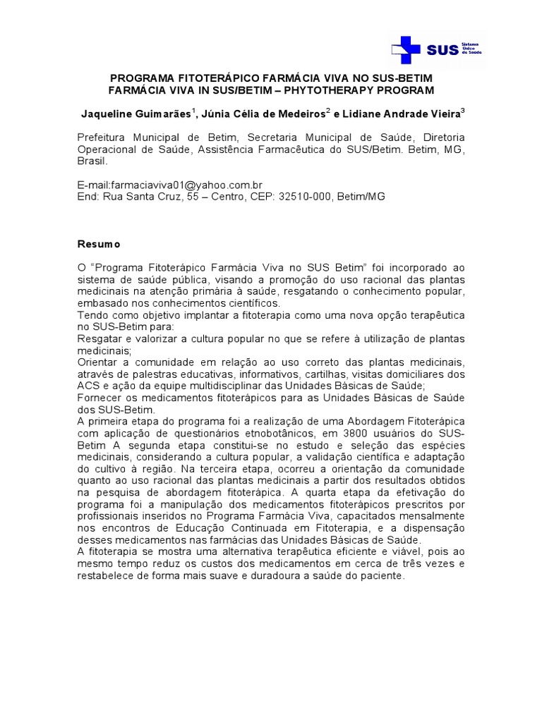 Farmacia Viva SUS Betim PDF Farmacêutico Fitoterapia