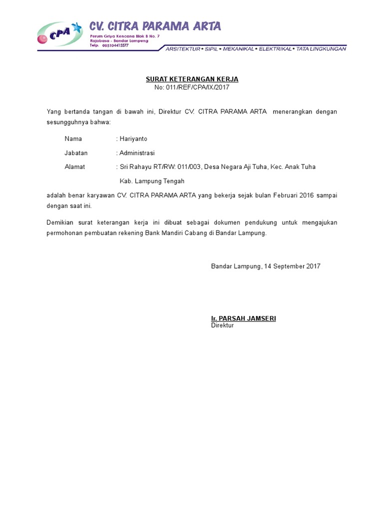 Surat Keterangan Untuk Rekening Bank