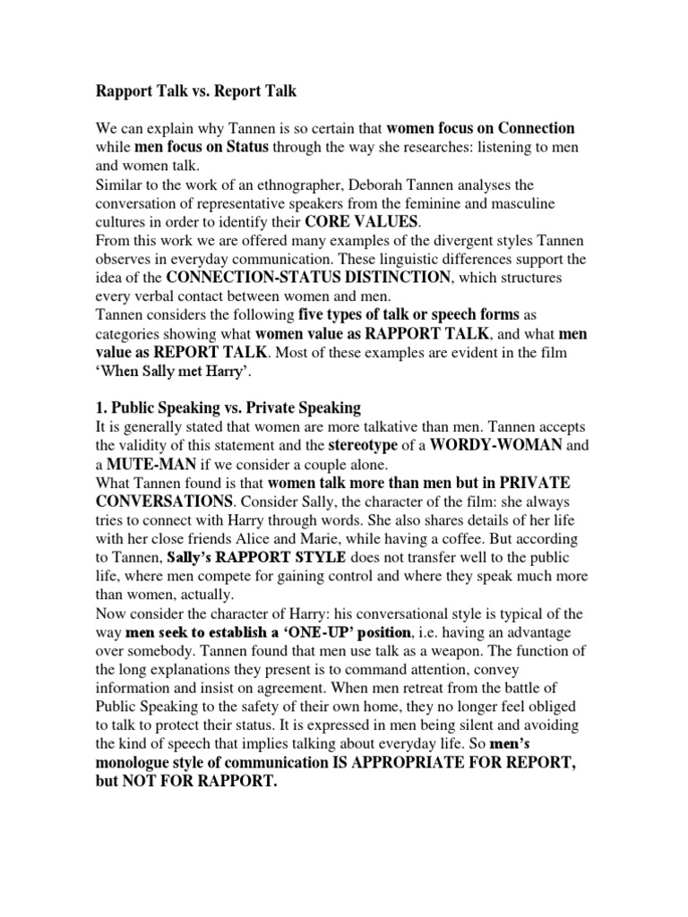 Understanding Rapport vs. Report Talk | PDF | Narrative | Conversation