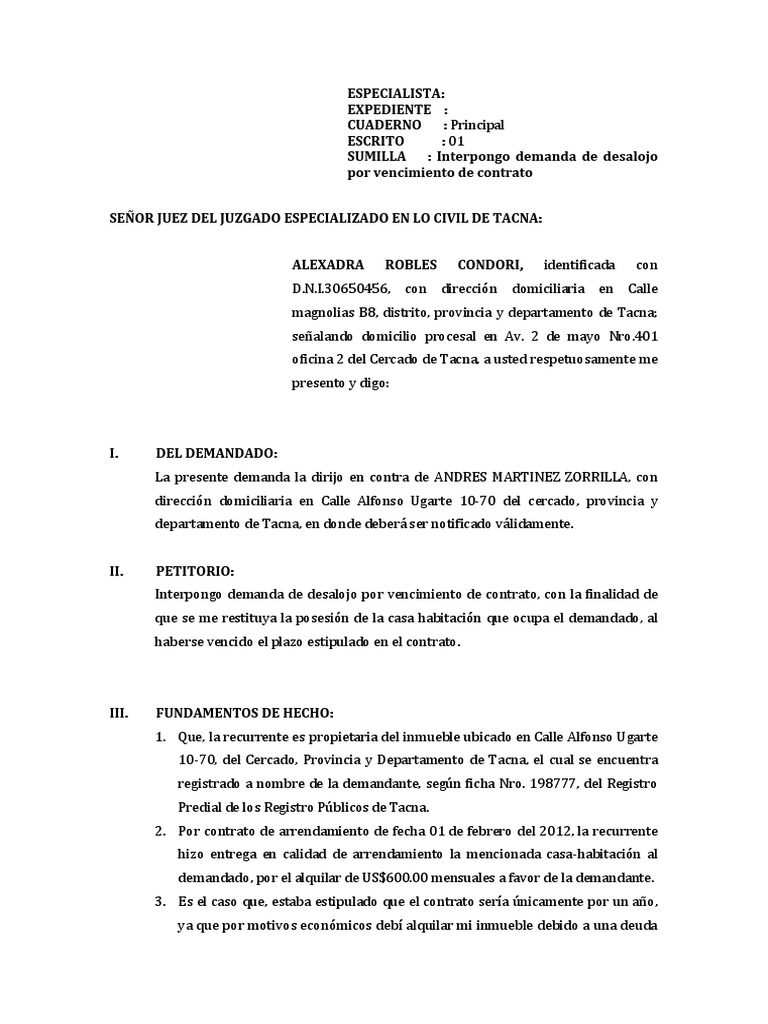 Demanda Desalojo Por Vencimiento Contrato | PDF | Propiedad | Demanda  judicial