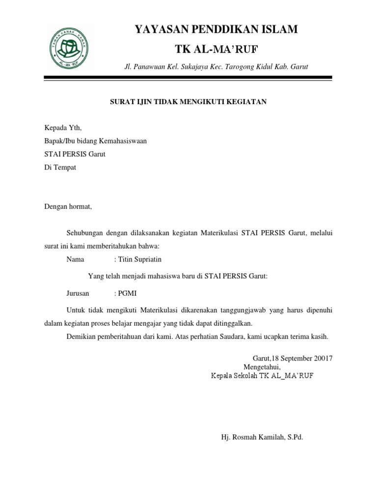 Surat Izin Kepala Sekolah