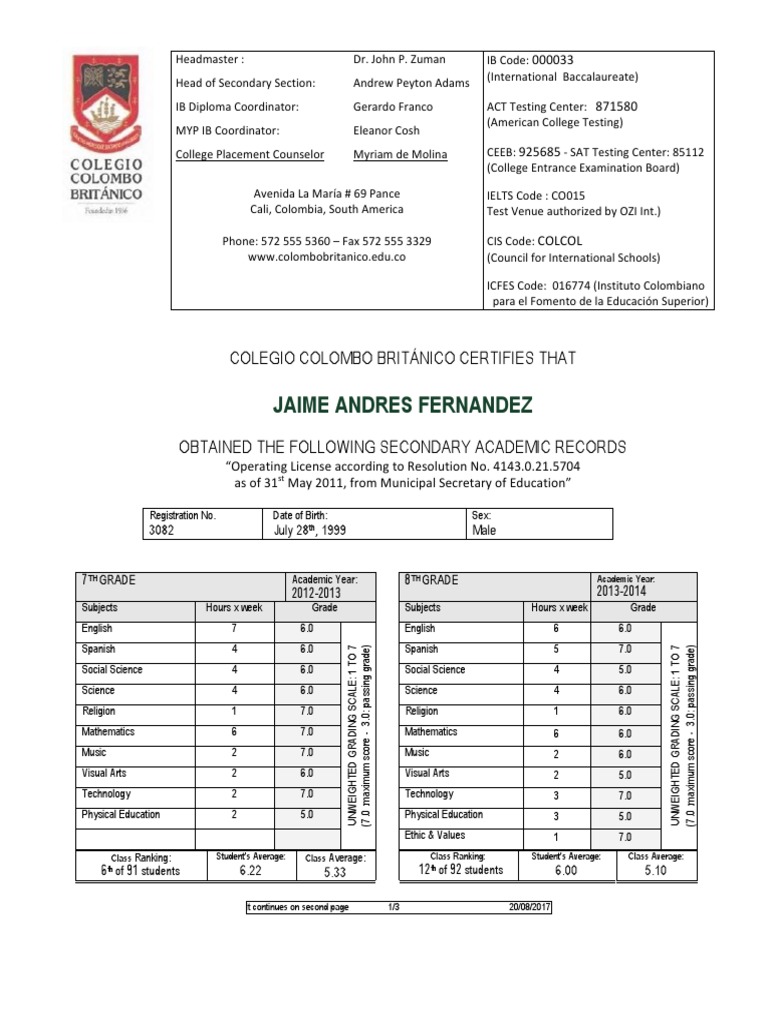 Jaime Andres Fernandez Academic Records | PDF | Grading (Education ...