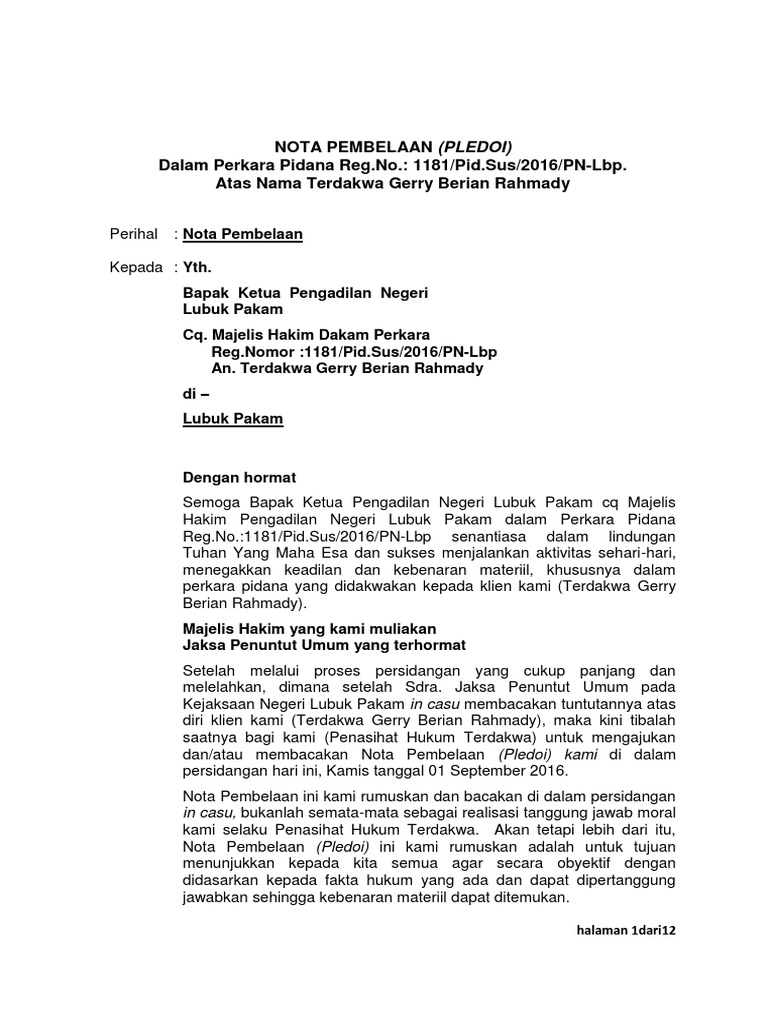 Contoh Nota Pembelaan